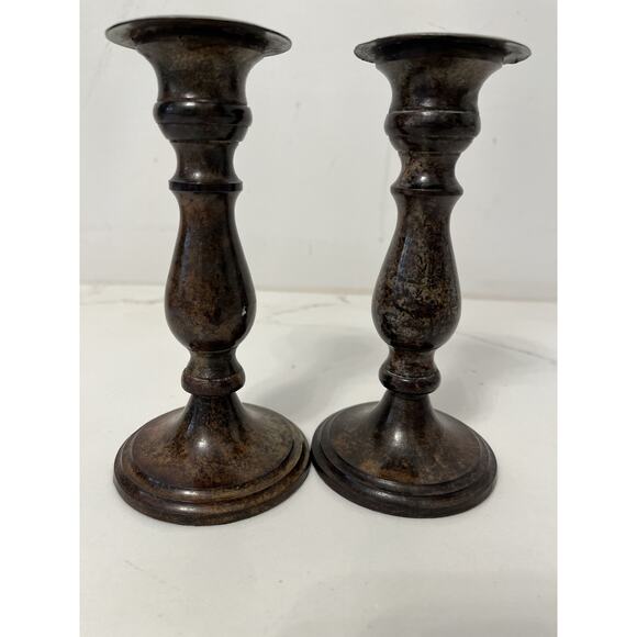 Candlesticks, Candle Holders, Pair of 2 Brown Painted Metal 6.5 High - Picture 1 of 5